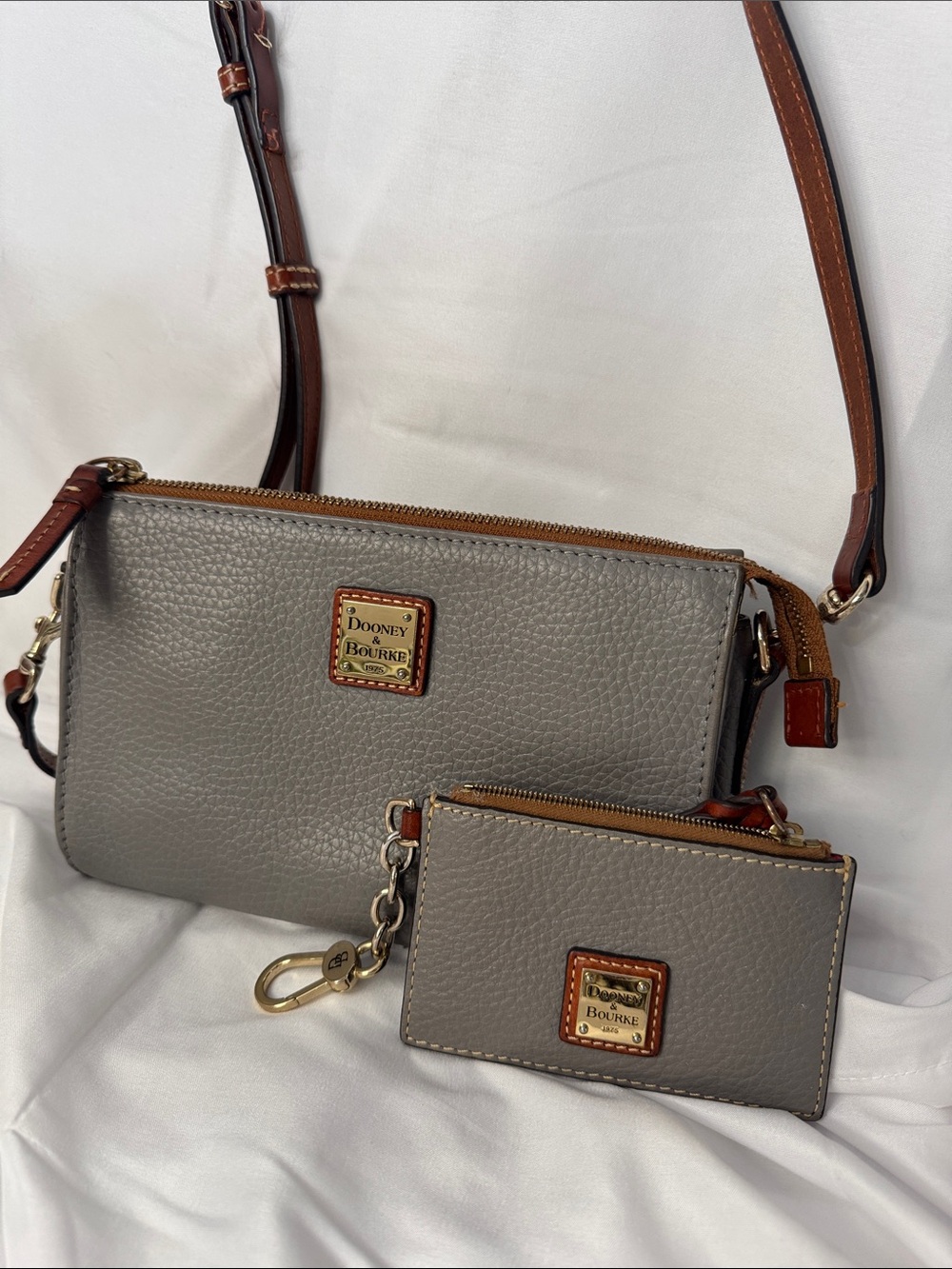 Dooney & Bourke Gray Pebbled Leather Crossbody with Brown Trim and Card Wallet